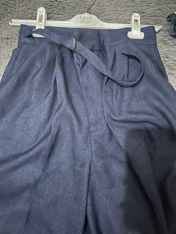 Kadın Lacivert Keten Kemerli Pantolon - Görsel 3