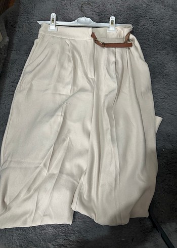 Bej Kemerli Bol Kesim Keten Kadın Pantolon - Görsel 4