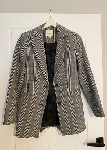 Gri Ekose Düğmeli Kadın Blazer Ceket