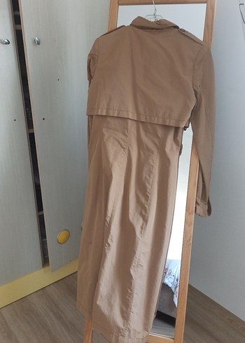 38 Beden camel Renk Bej Uzun Keten Kadın Trençkot