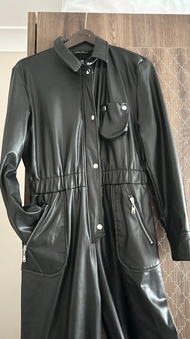 Deri Siyah Kadın Uzun Tulum - Görsel 4