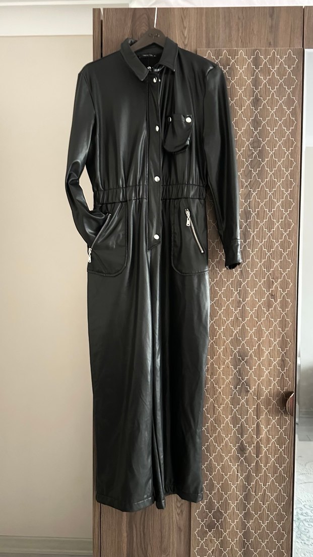 Deri Siyah Kadın Uzun Tulum - Görsel 3