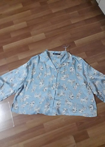 Zara Mavi Loose Fit Midi Gömlek kopek detayli