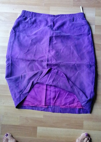 48 Beden GERRY WEBER 100% İPEK Mor Parlak Midi Kalem Etek