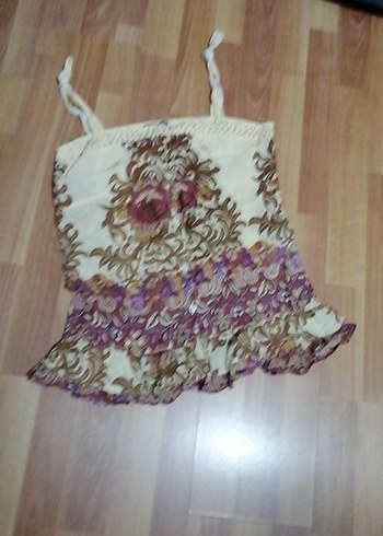 Mor Nakışlı Bohem Straplez Mini Bluz