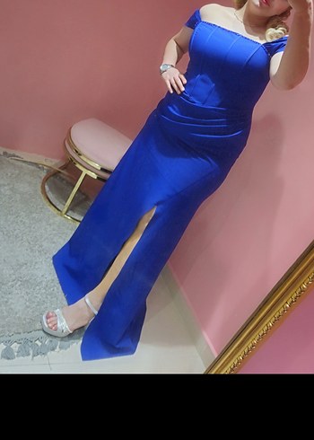 saks Mavi Drapeli Uzun Abiye Elbise 46 beden