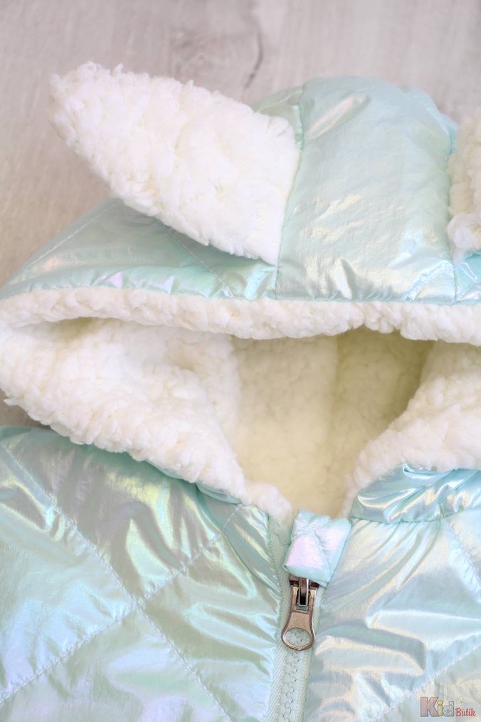 Kız Çocuk Su Yeşili Kapüşonlu Kürklü Mont - Görsel 3