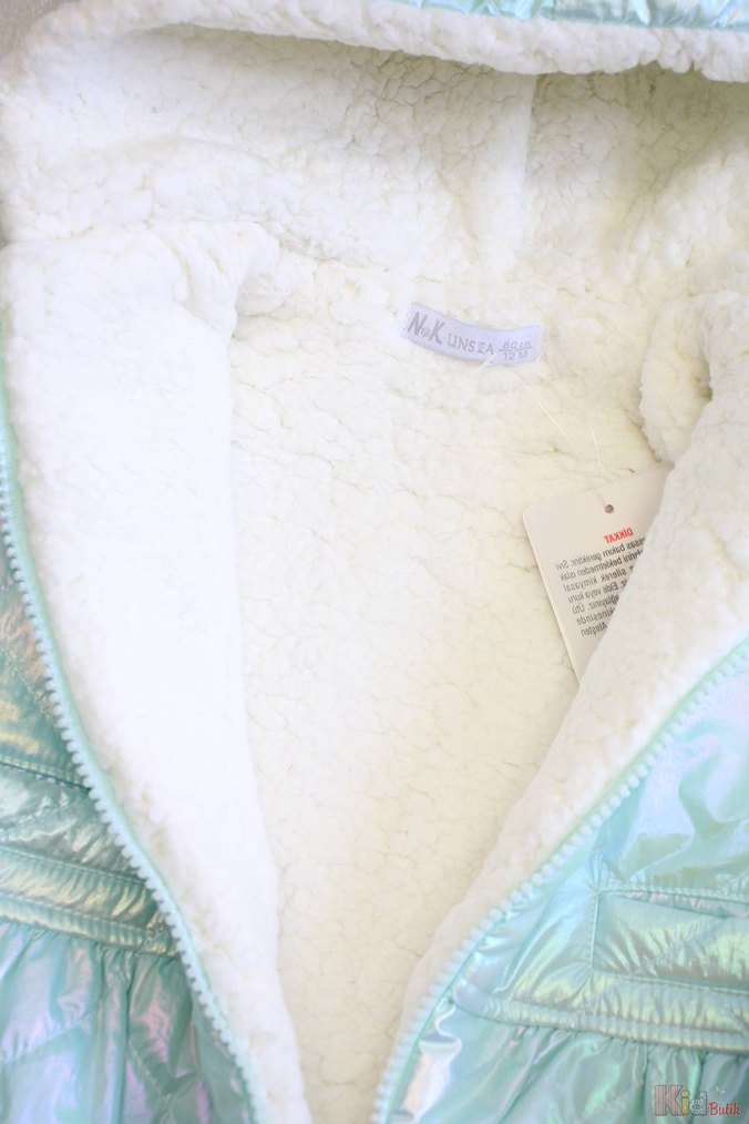 Kız Çocuk Su Yeşili Kapüşonlu Kürklü Mont - Görsel 5