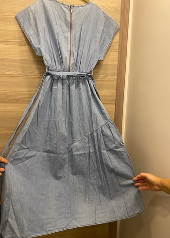 V Yaka Kemerli Kot Elbise - Görsel 3