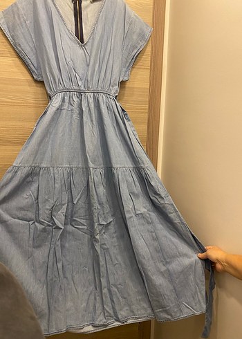 V Yaka Kemerli Kot Elbise - Görsel 2