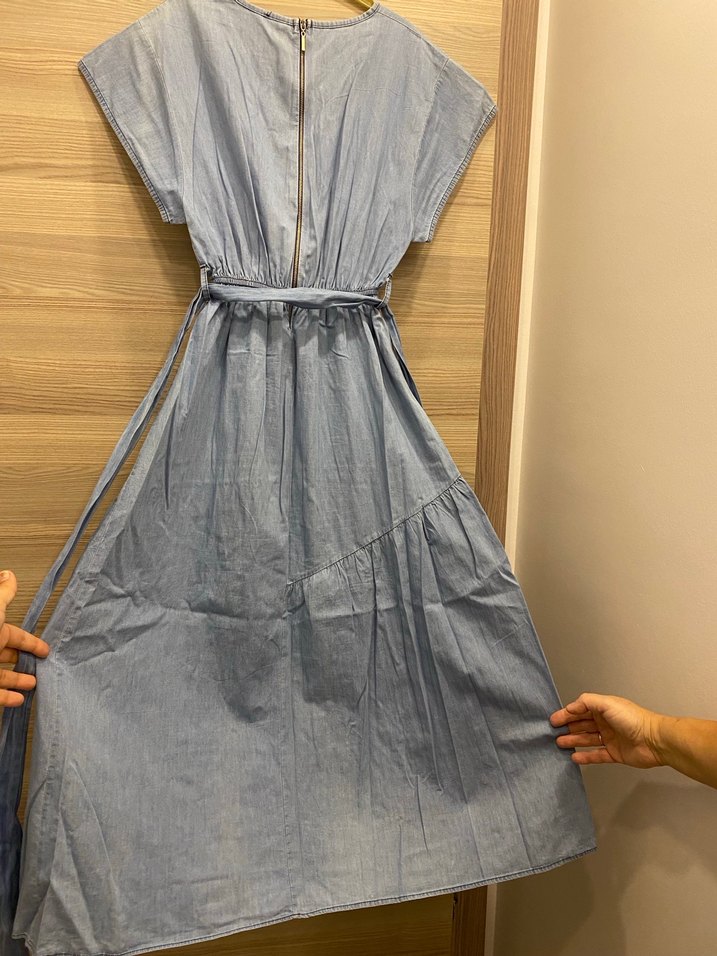 V Yaka Kemerli Kot Elbise - Görsel 3