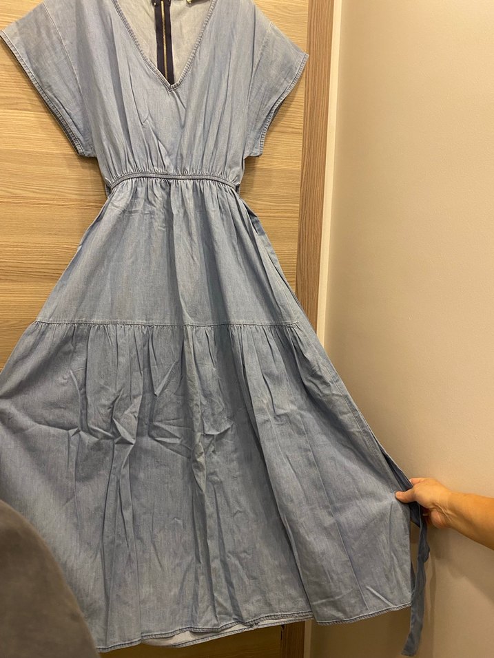 V Yaka Kemerli Kot Elbise - Görsel 2