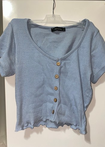 Düğmeli Mavi Kısa Kollu Keten Tişört - Görsel 2