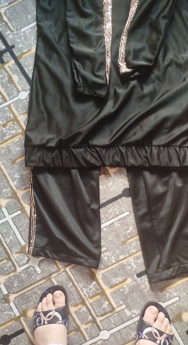 Siyah Parlak Uzun Kadın Eşofman Takımı - Görsel 2