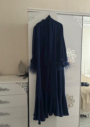 lacivert Uzun Kollu, Nakışlı, Gevşek Kesim Gotik Elbise
