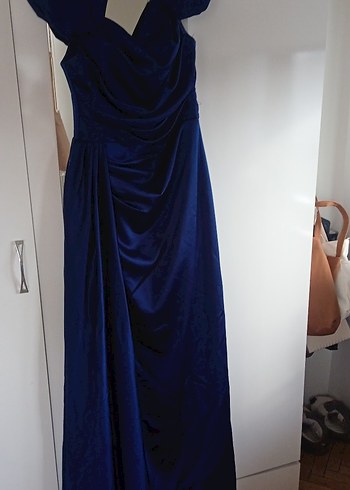 Kadın Saks Mavisi Uzun Drapeli Straplez Gown - Görsel 4