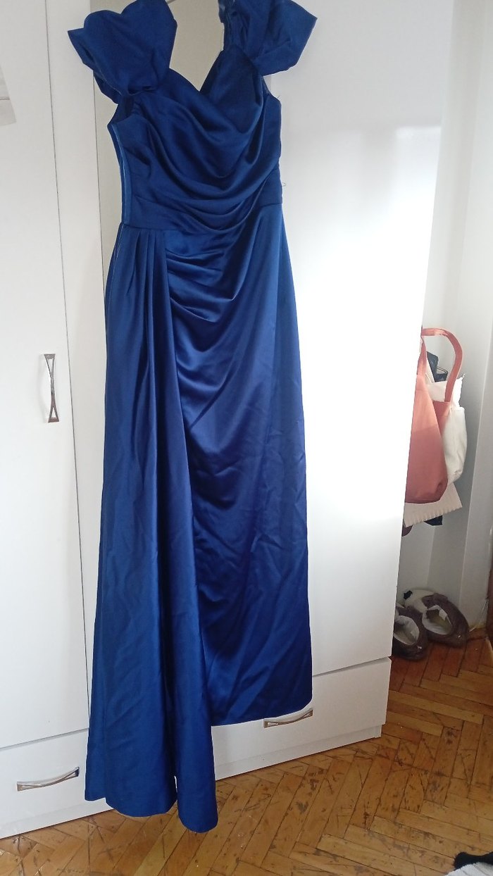 Kadın Saks Mavisi Uzun Drapeli Straplez Gown - Görsel 2