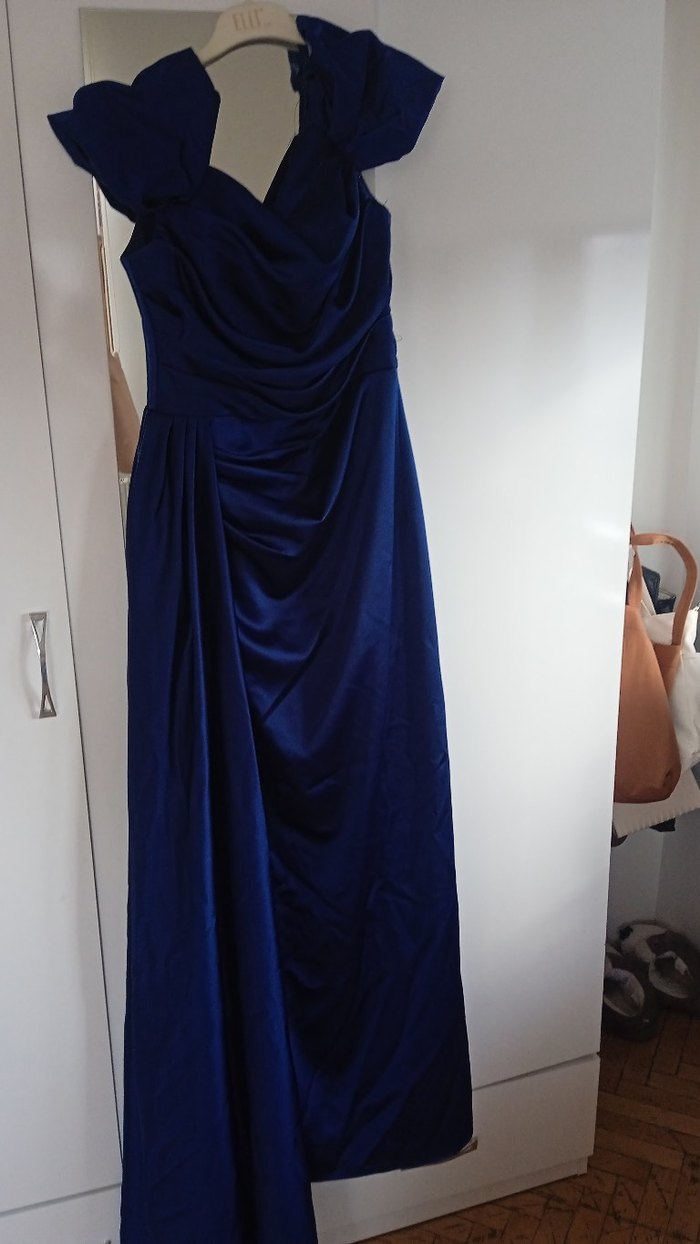 Kadın Saks Mavisi Uzun Drapeli Straplez Gown - Görsel 4