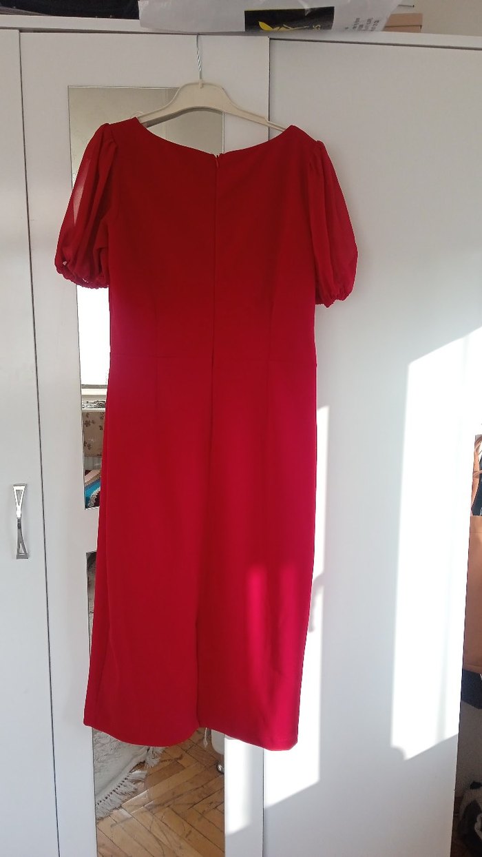 Kırmızı Uzun Drapeli Kadın Abiye Elbise - Görsel 2