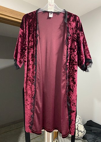 Bordo Uzun Kadın Gotik Nakışlı Sabahlık - Görsel 6