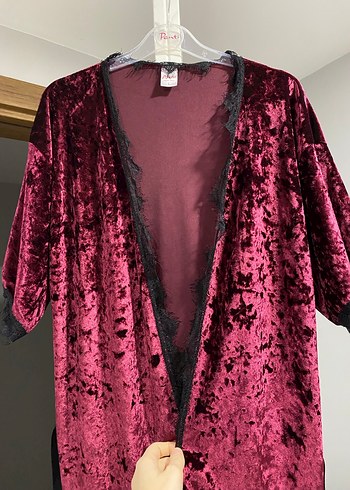 Bordo Uzun Kadın Gotik Nakışlı Sabahlık - Görsel 7