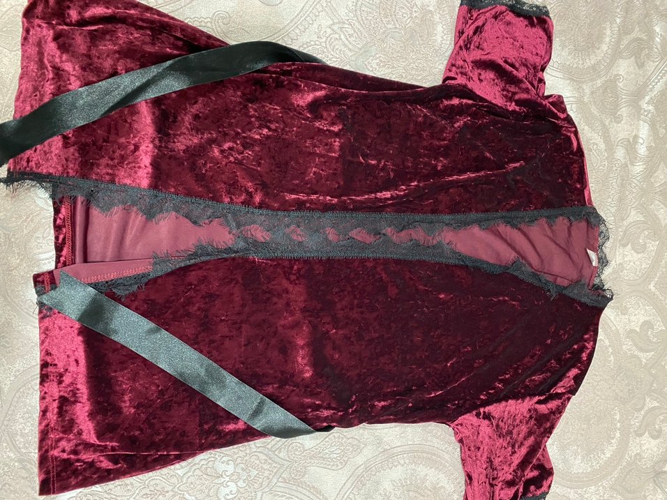 Bordo Uzun Kadın Gotik Nakışlı Sabahlık - Görsel 2