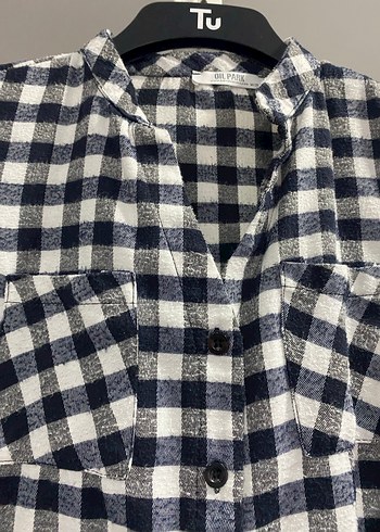 Kadın Gri Kareli Pamuklu V Yaka Gömlek - Görsel 3