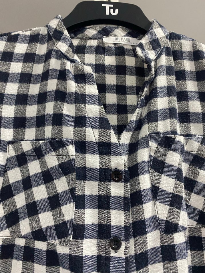 Kadın Gri Kareli Pamuklu V Yaka Gömlek - Görsel 3