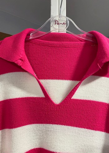 Pembe Beyaz Çizgili V Yaka Örgü Kazak - Görsel 2