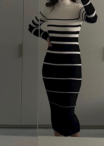 Uzun Kollu Çizgili Örgü Kadın Elbise - Görsel 3