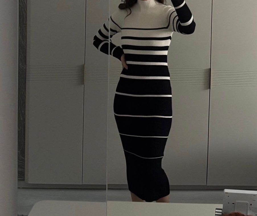 Uzun Kollu Çizgili Örgü Kadın Elbise - Görsel 3