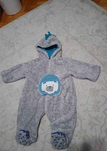 Gri Kapüşonlu Erkek Bebek Peluş Tulumu - Görsel 2