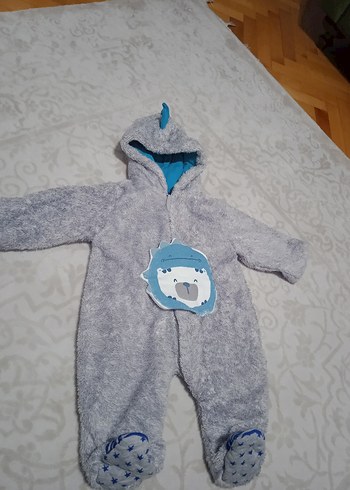 Gri Kapüşonlu Erkek Bebek Peluş Tulumu - Görsel 3