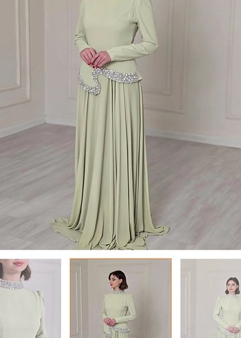 Drapeli Bej Uzun Kollu Abiye Elbise - Görsel 6