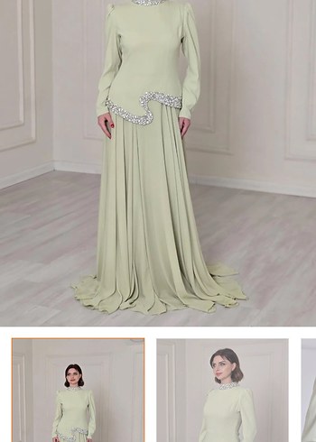 Drapeli Bej Uzun Kollu Abiye Elbise - Görsel 7