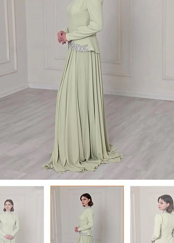 Drapeli Bej Uzun Kollu Abiye Elbise - Görsel 4