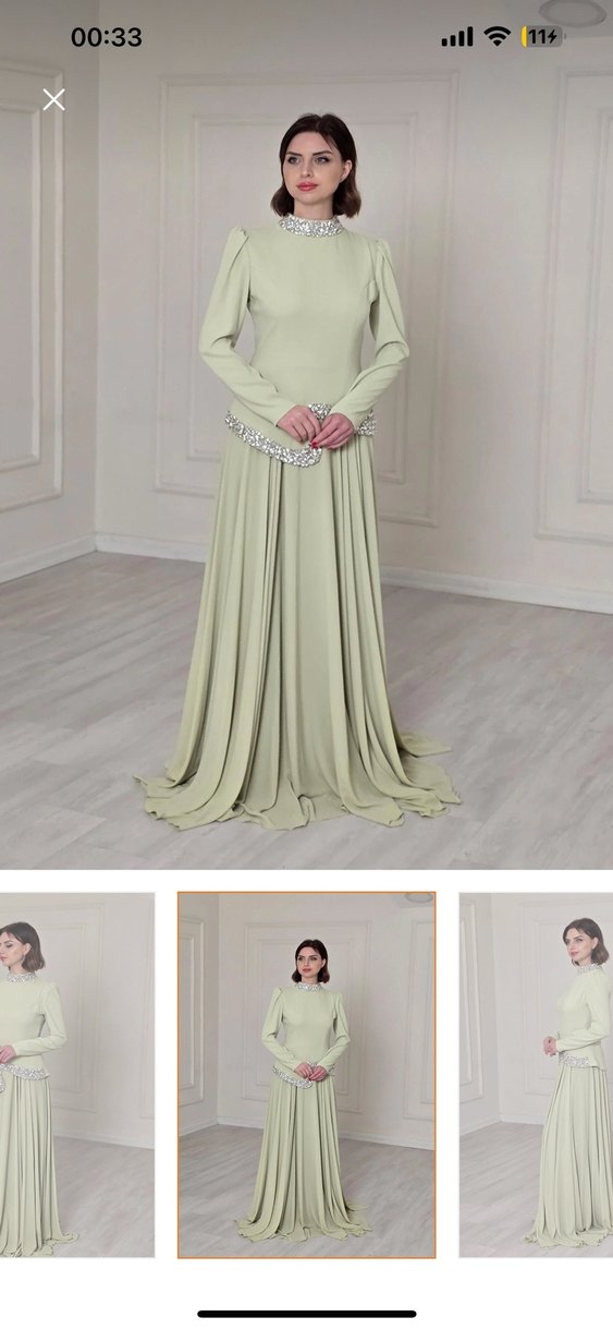 Drapeli Bej Uzun Kollu Abiye Elbise - Görsel 5