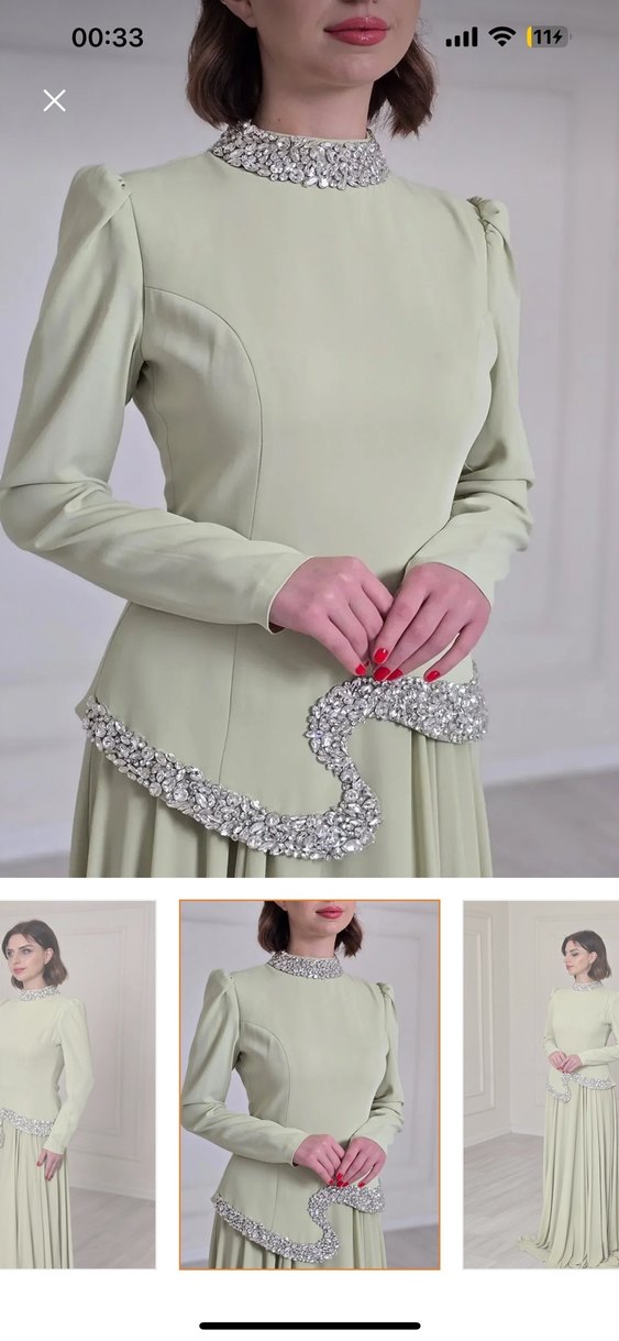 Drapeli Bej Uzun Kollu Abiye Elbise - Görsel 2