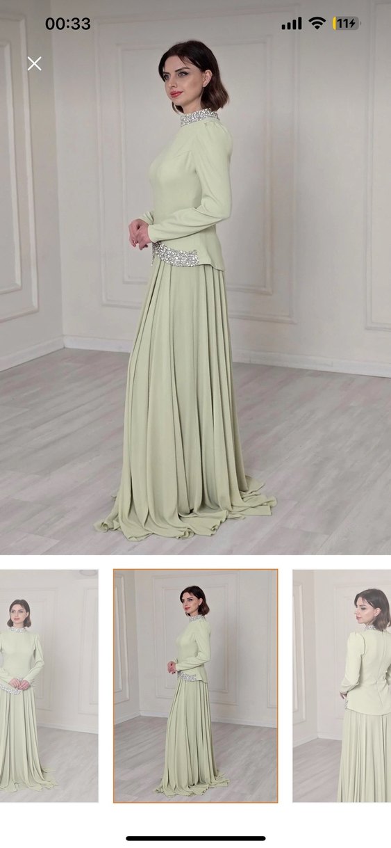 Drapeli Bej Uzun Kollu Abiye Elbise - Görsel 4