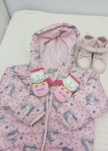 Kız Çocuk Kapüşonlu Pembe Baskılı Mont - Görsel 2