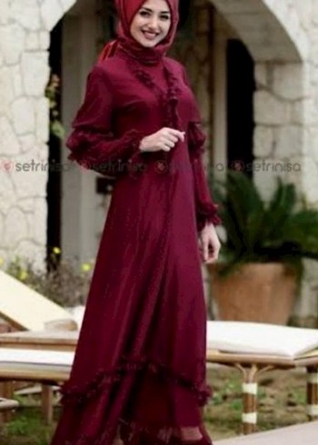 Bordo Uzun Kollu Fırfırlı Uzun Elbise - Görsel 2