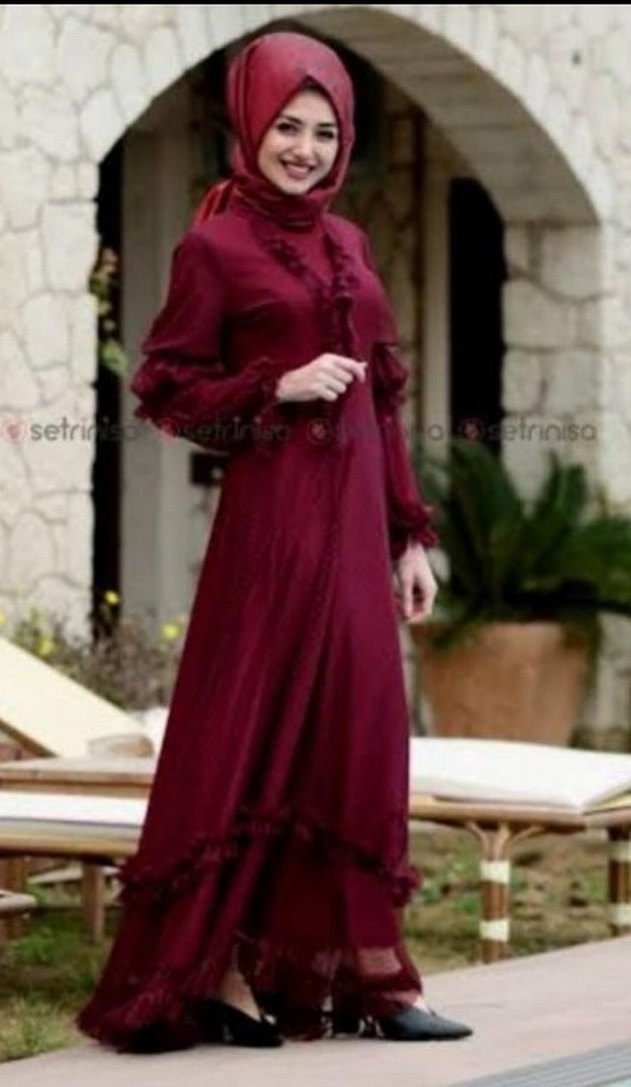 Bordo Uzun Kollu Fırfırlı Uzun Elbise - Görsel 2