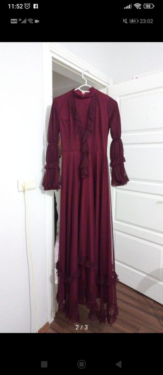 Bordo Uzun Kollu Fırfırlı Uzun Elbise - Görsel 3