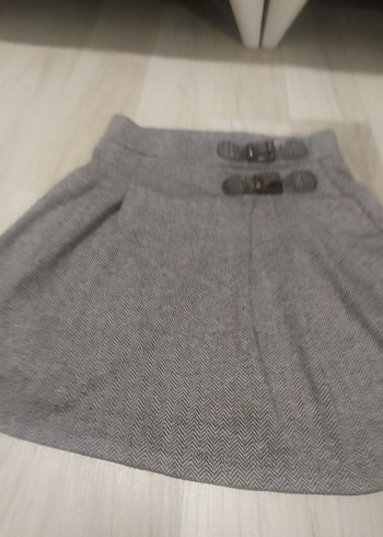 Düğmeli Gri Midi Yün Etek