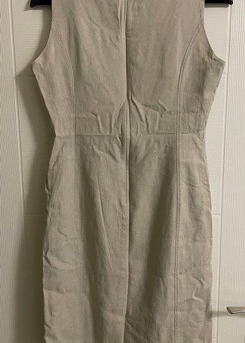 Kemerli Bej Midi Keten Elbise - Görsel 4