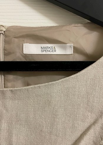 Kemerli Bej Midi Keten Elbise - Görsel 2