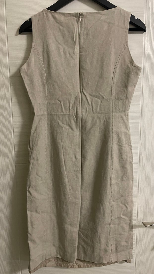 Kemerli Bej Midi Keten Elbise - Görsel 4