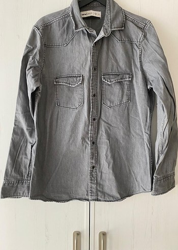 koton erkek Gri Denim Uzun Kollu Gömlek - Görsel 2