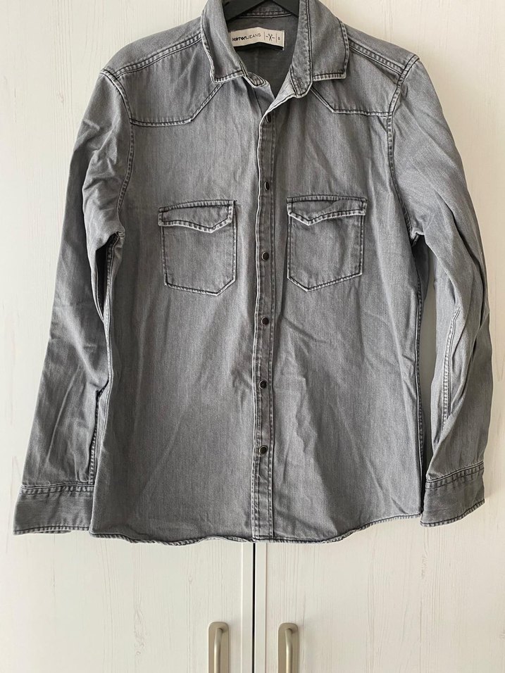 koton erkek Gri Denim Uzun Kollu Gömlek - Görsel 2
