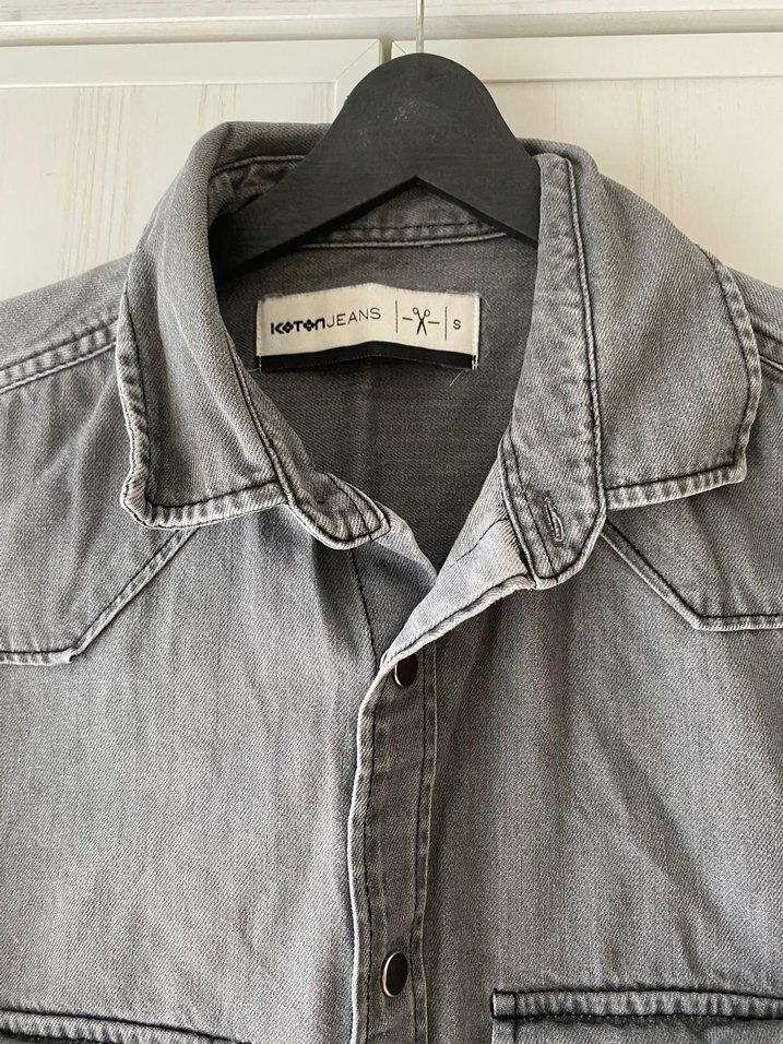 koton erkek Gri Denim Uzun Kollu Gömlek - Görsel 3